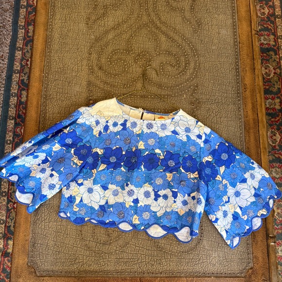 FARM Rio Tops - Farm Rio Blue Floral Scalloped Crop Top XS Flared Sleeve Daisy Button SN 306302